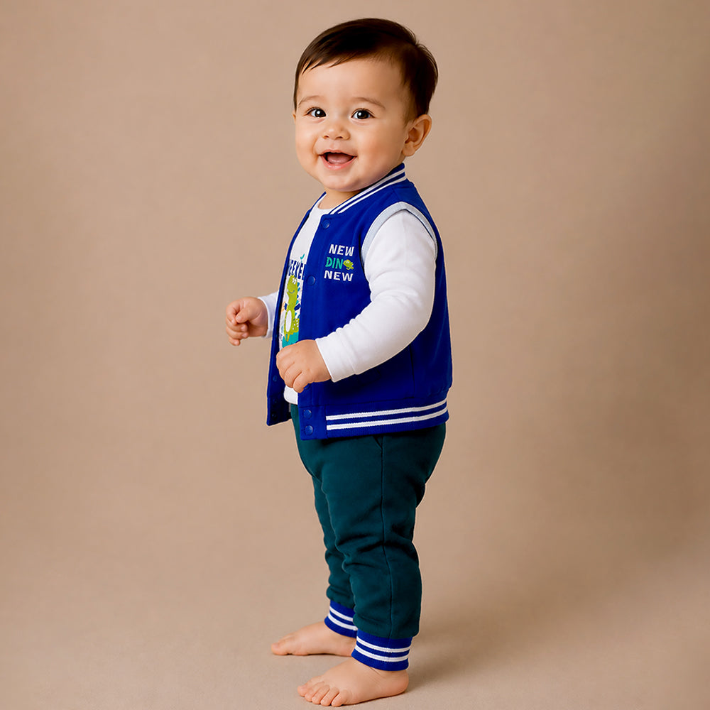 3 PCS  Dino Print Blue & dark Green Sporty tracks style  Winter Clothing Set for Baby Boy