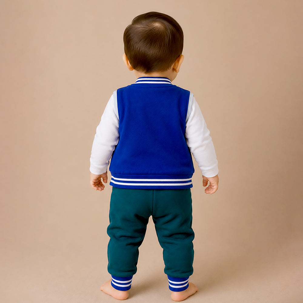 3 PCS  Dino Print Blue & dark Green Sporty tracks style  Winter Clothing Set for Baby Boy