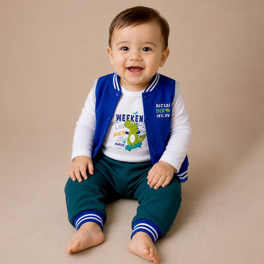 3 PCS  Dino Print Blue & dark Green Sporty tracks style  Winter Clothing Set for Baby Boy