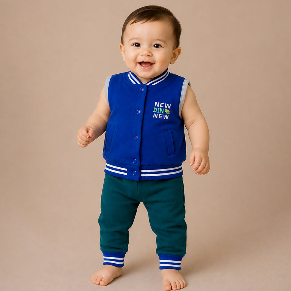 3 PCS  Dino Print Blue & dark Green Sporty tracks style  Winter Clothing Set for Baby Boy