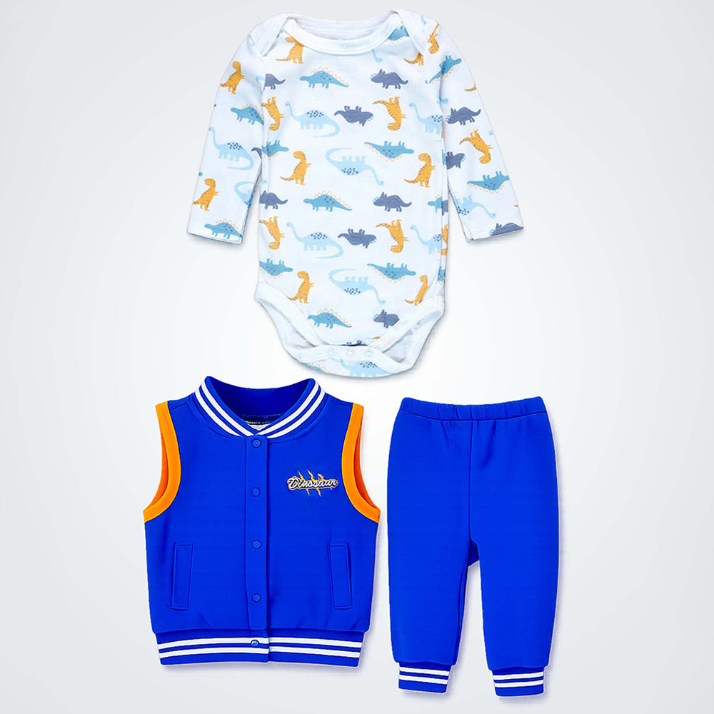 3 PCS Dino Print Orange & Bue Sporty tracks style Winter Clothing Set for Baby Boy