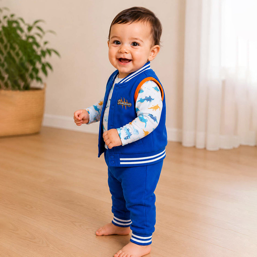3 PCS Dino Print Orange & Bue Sporty tracks style Winter Clothing Set for Baby Boy