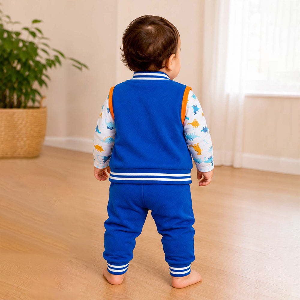 3 PCS Dino Print Orange & Bue Sporty tracks style Winter Clothing Set for Baby Boy