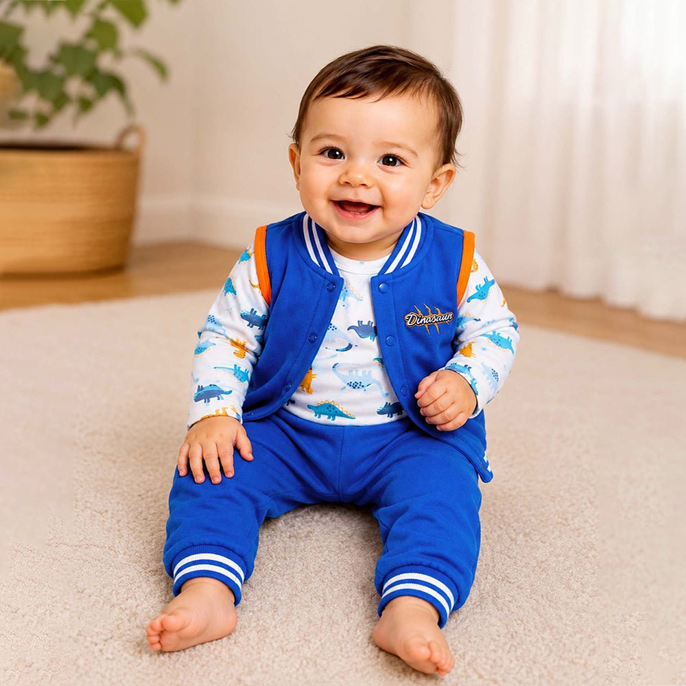3 PCS Dino Print Orange & Bue Sporty tracks style Winter Clothing Set for Baby Boy