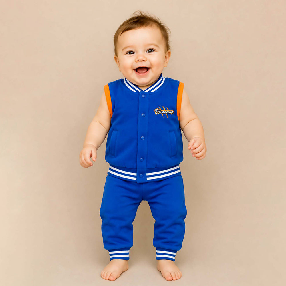 3 PCS Dino Print Orange & Bue Sporty tracks style Winter Clothing Set for Baby Boy