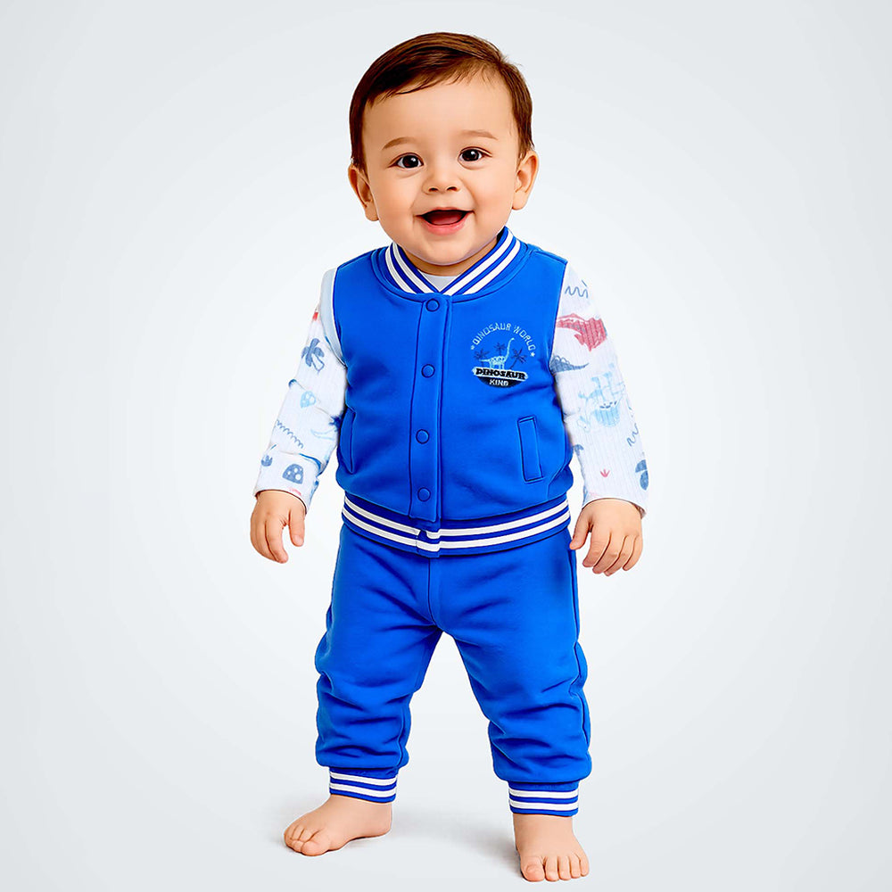 3 PCS Dino Print light Blue Sporty tracks style Winter Clothing Set for Baby Boy