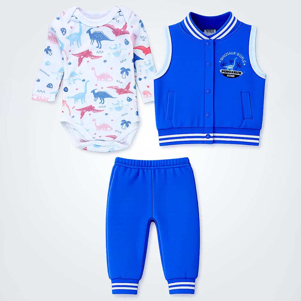 3 PCS Dino Print light Blue Sporty tracks style Winter Clothing Set for Baby Boy