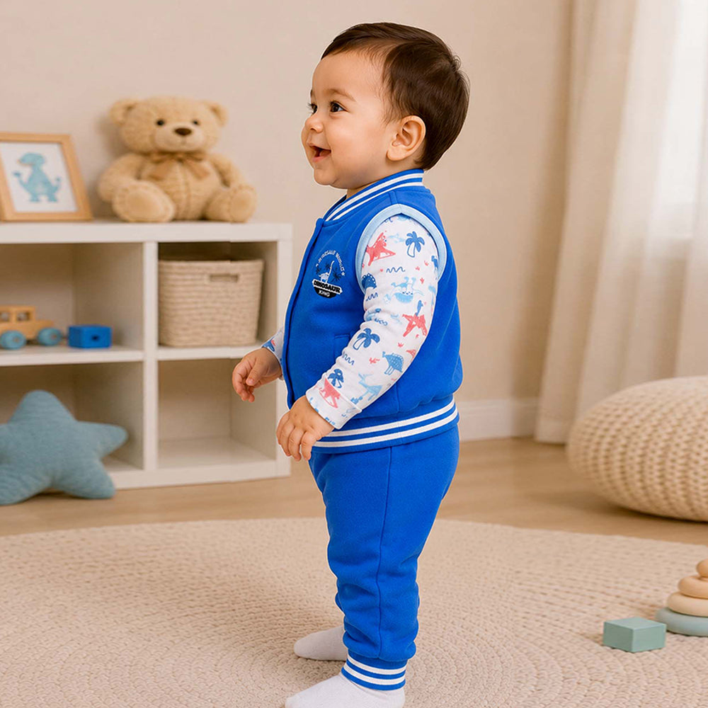 3 PCS Dino Print light Blue Sporty tracks style Winter Clothing Set for Baby Boy