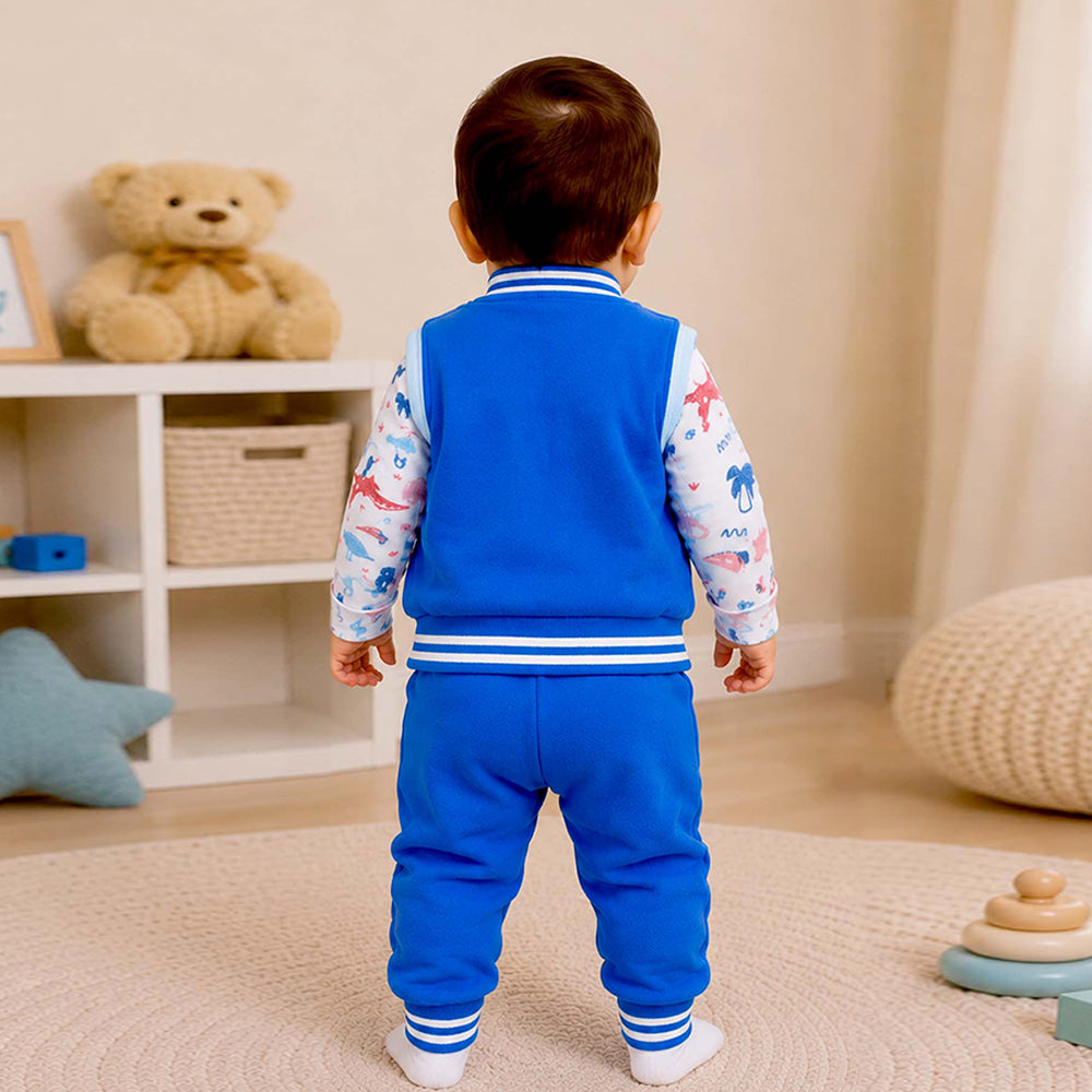 3 PCS Dino Print light Blue Sporty tracks style Winter Clothing Set for Baby Boy