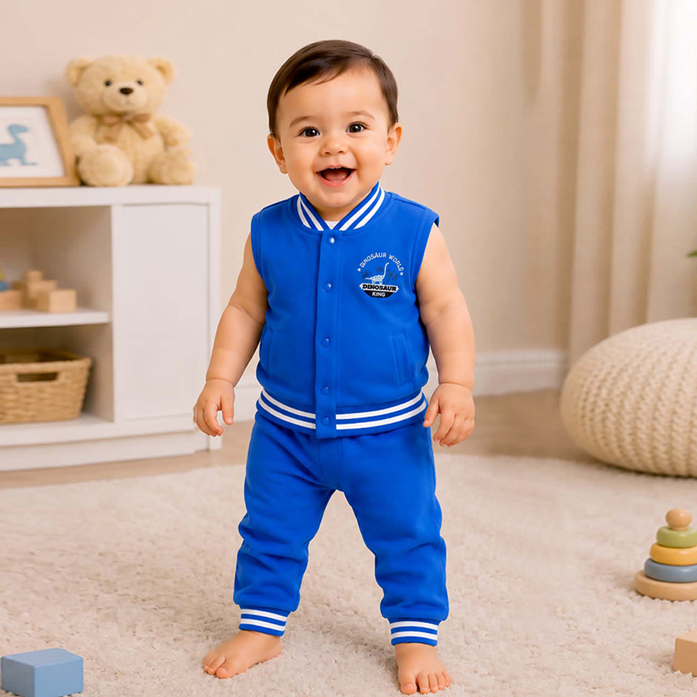 3 PCS Dino Print light Blue Sporty tracks style Winter Clothing Set for Baby Boy