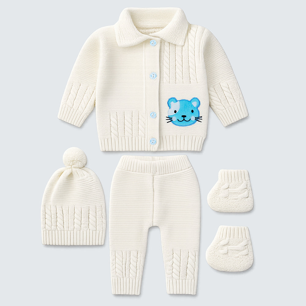 5 PCS Blue Cat & Ivory Collar,Premium Knitted Winter Head to bottom Clothing Set for Baby