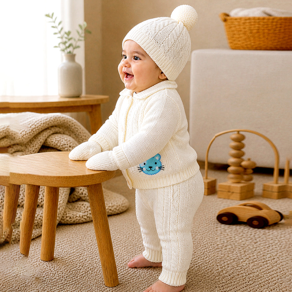 5 PCS Blue Cat & Ivory Collar,Premium Knitted Winter Head to bottom Clothing Set for Baby
