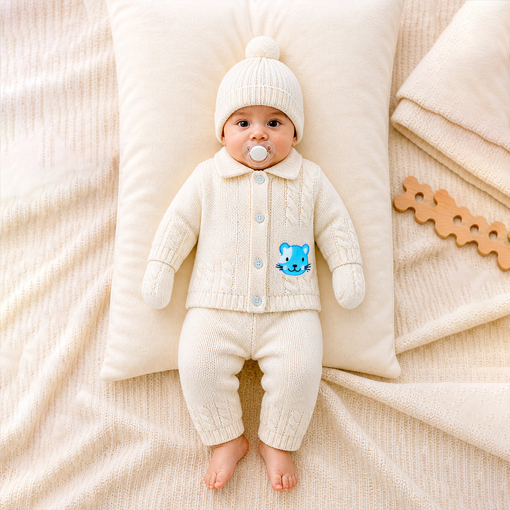 5 PCS Blue Cat & Ivory Collar,Premium Knitted Winter Head to bottom Clothing Set for Baby