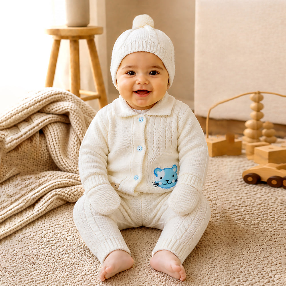 5 PCS Blue Cat & Ivory Collar,Premium Knitted Winter Head to bottom Clothing Set for Baby