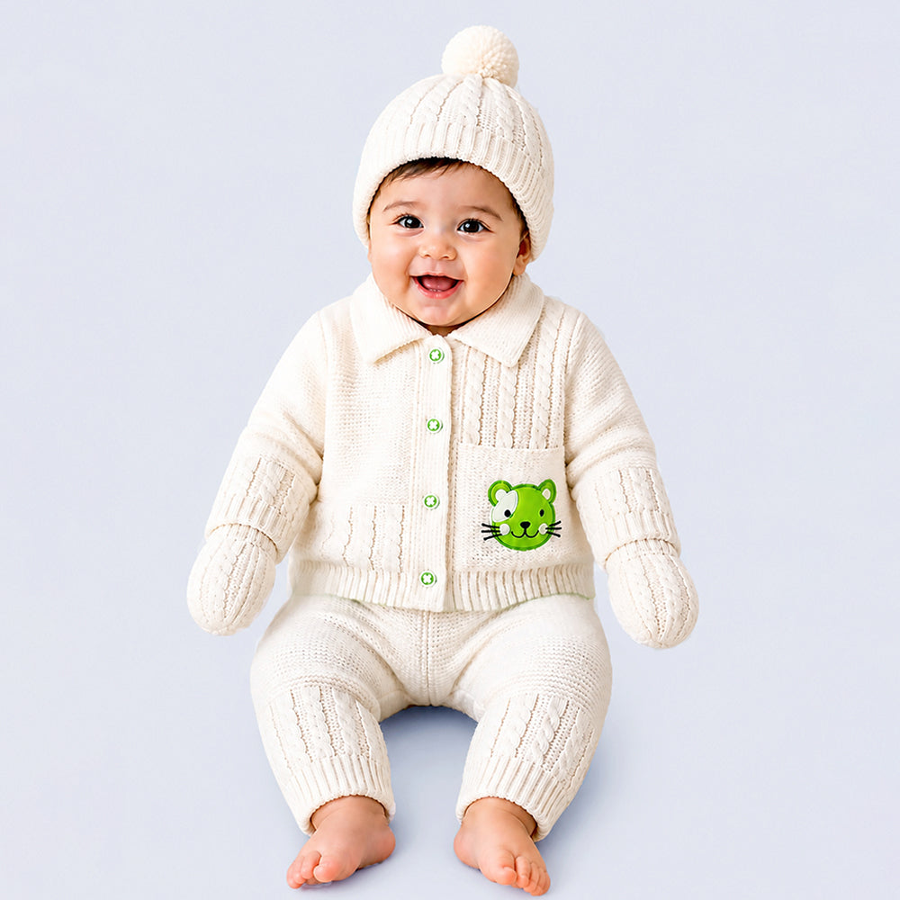 5PCS Green Cat & Ivory Collar,Premium Knitted Winter Head to bottom Clothing Set for Baby