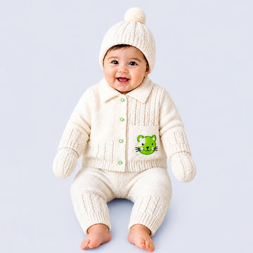 5PCS Green Cat & Ivory Collar,Premium Knitted Winter Head to bottom Clothing Set for Baby
