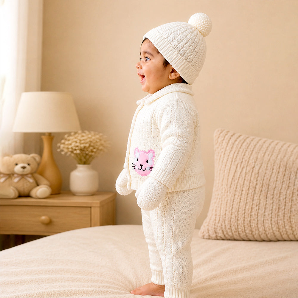 5 PCS Pink Cat & Ivory Collar,Premium a Winter Head to bottom Clothing Set for Baby