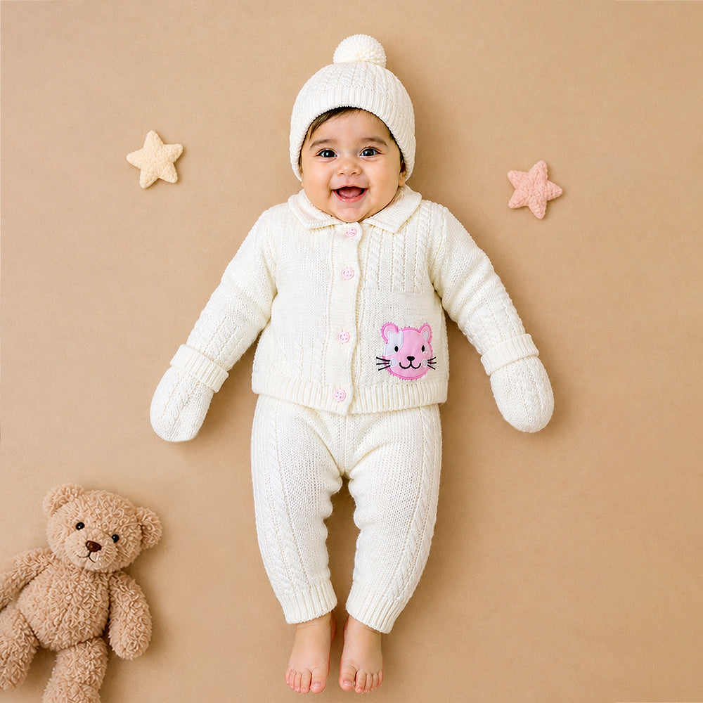 5 PCS Pink Cat & Ivory Collar,Premium a Winter Head to bottom Clothing Set for Baby