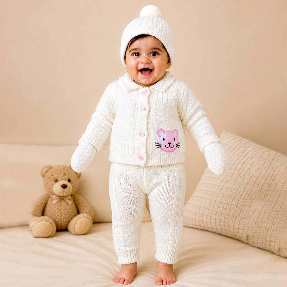 5 PCS Pink Cat & Ivory Collar,Premium a Winter Head to bottom Clothing Set for Baby