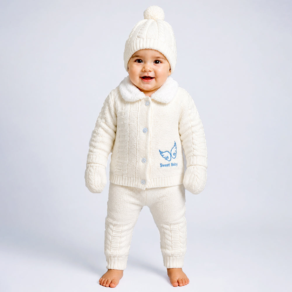 5 PCS Blue Wings & Ivory Soft Collar,Premium Knitted Winter Head to bottom Clothing Set for Baby
