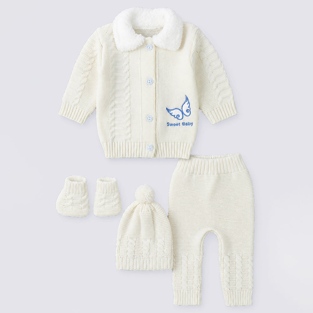 5 PCS Blue Wings & Ivory Soft Collar,Premium Knitted Winter Head to bottom Clothing Set for Baby
