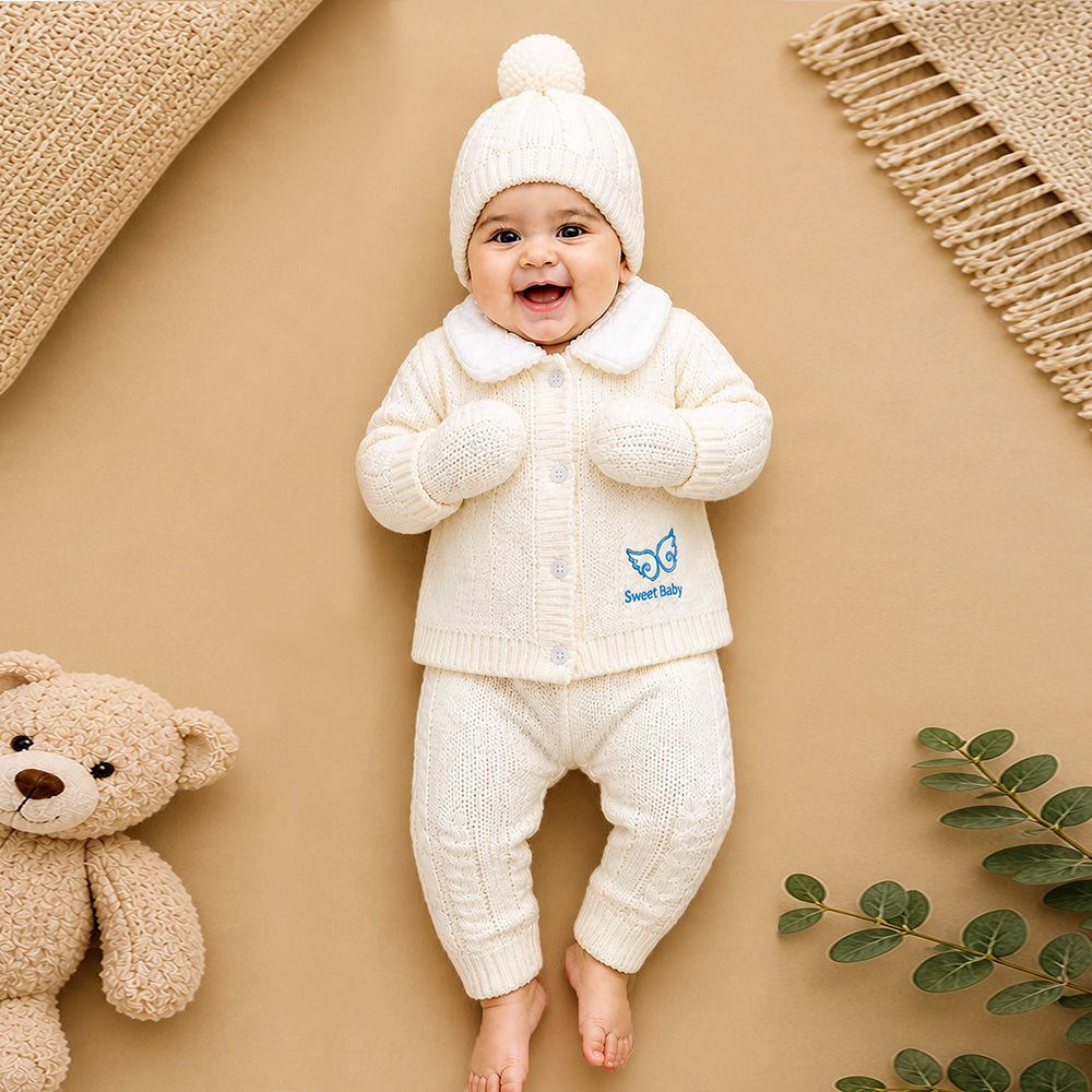 5 PCS Blue Wings & Ivory Soft Collar,Premium Knitted Winter Head to bottom Clothing Set for Baby