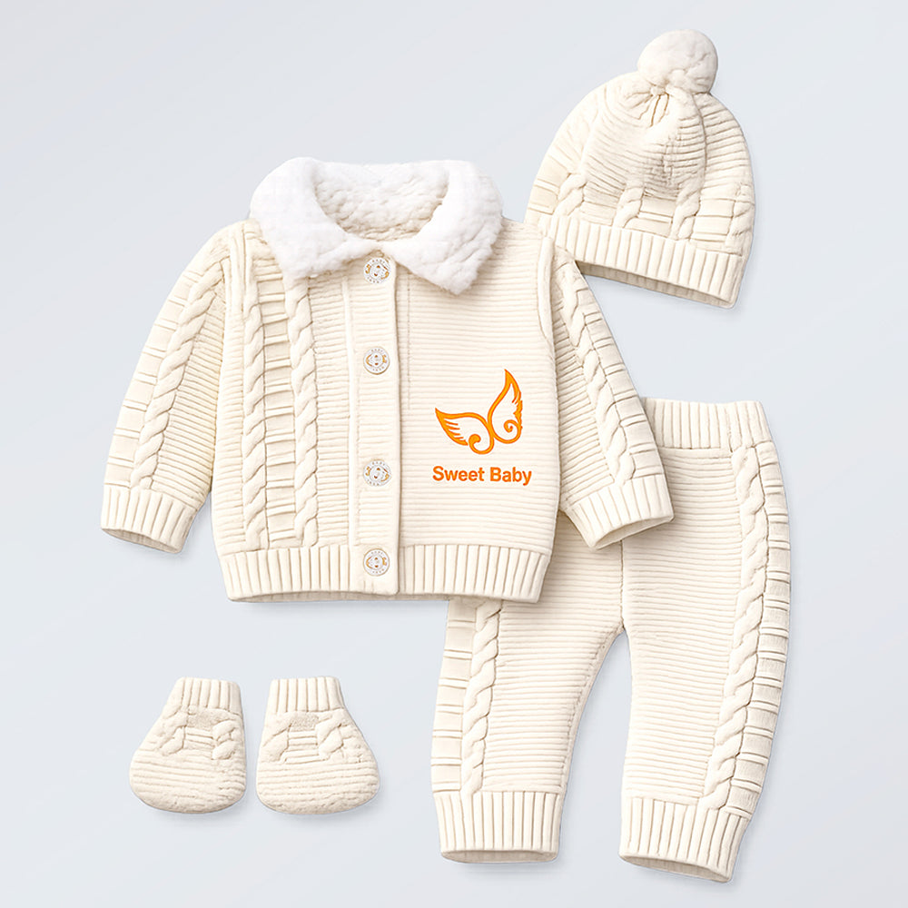 5 PCS Brown Wings & Ivory Soft Collar,Premium Knitted Winter Head to bottom Clothing Set for Baby