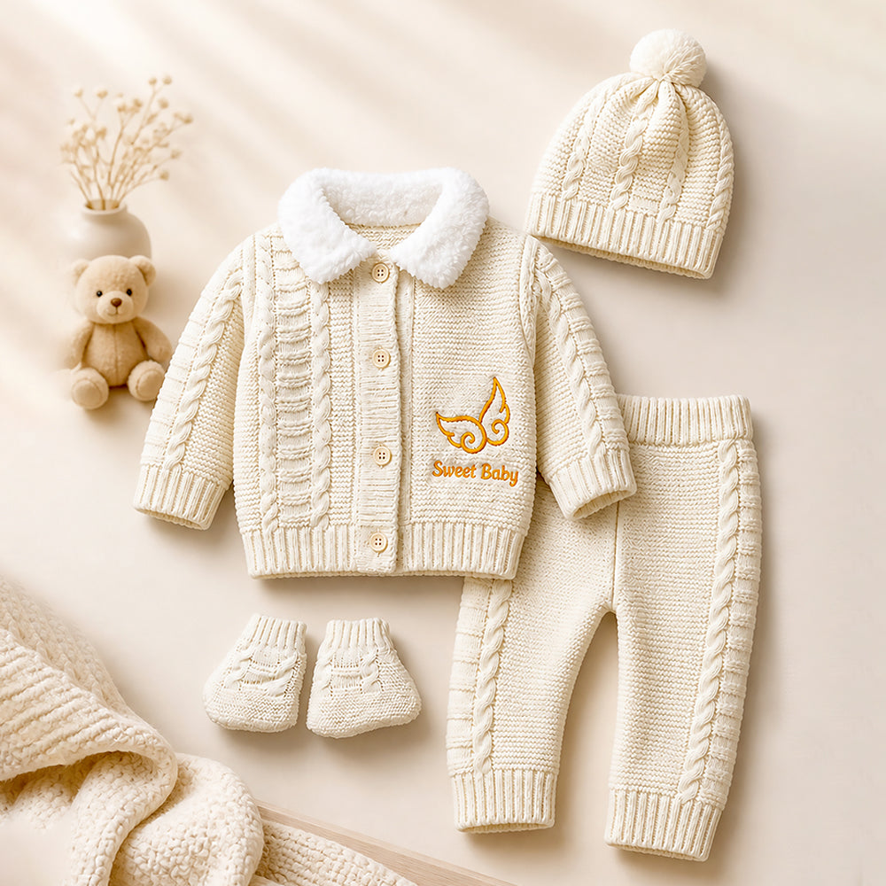 5 PCS Brown Wings & Ivory Soft Collar,Premium Knitted Winter Head to bottom Clothing Set for Baby