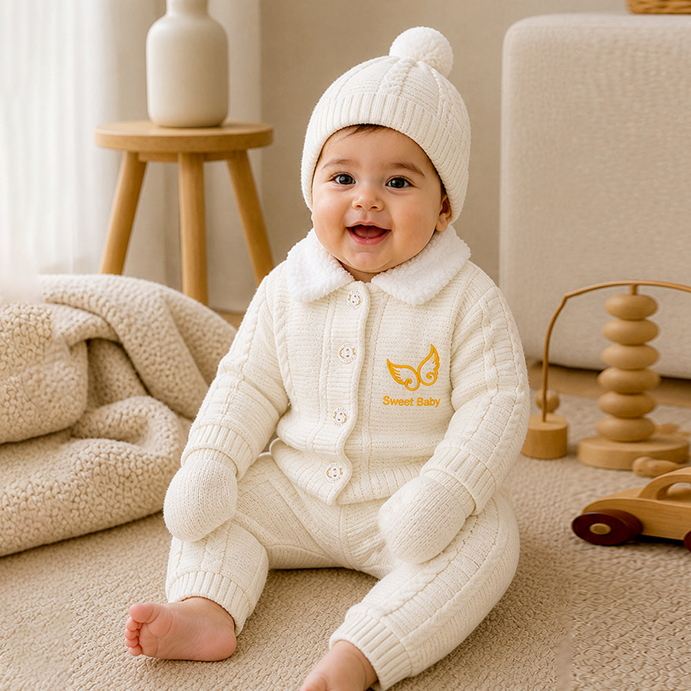 5 PCS Brown Wings & Ivory Soft Collar,Premium Knitted Winter Head to bottom Clothing Set for Baby