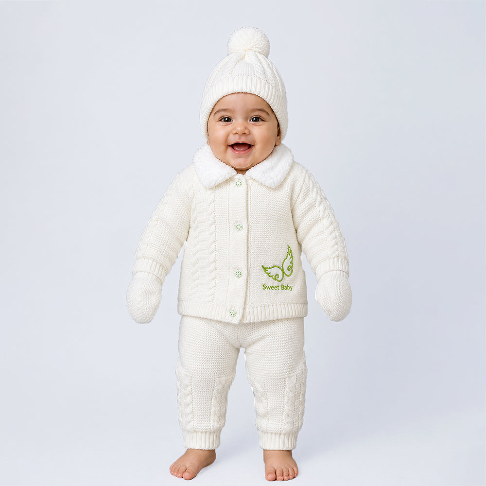 5 PCS Green Wings & Ivory Soft Collar,Premium Knitted Winter Head to bottom Clothing Set for Baby