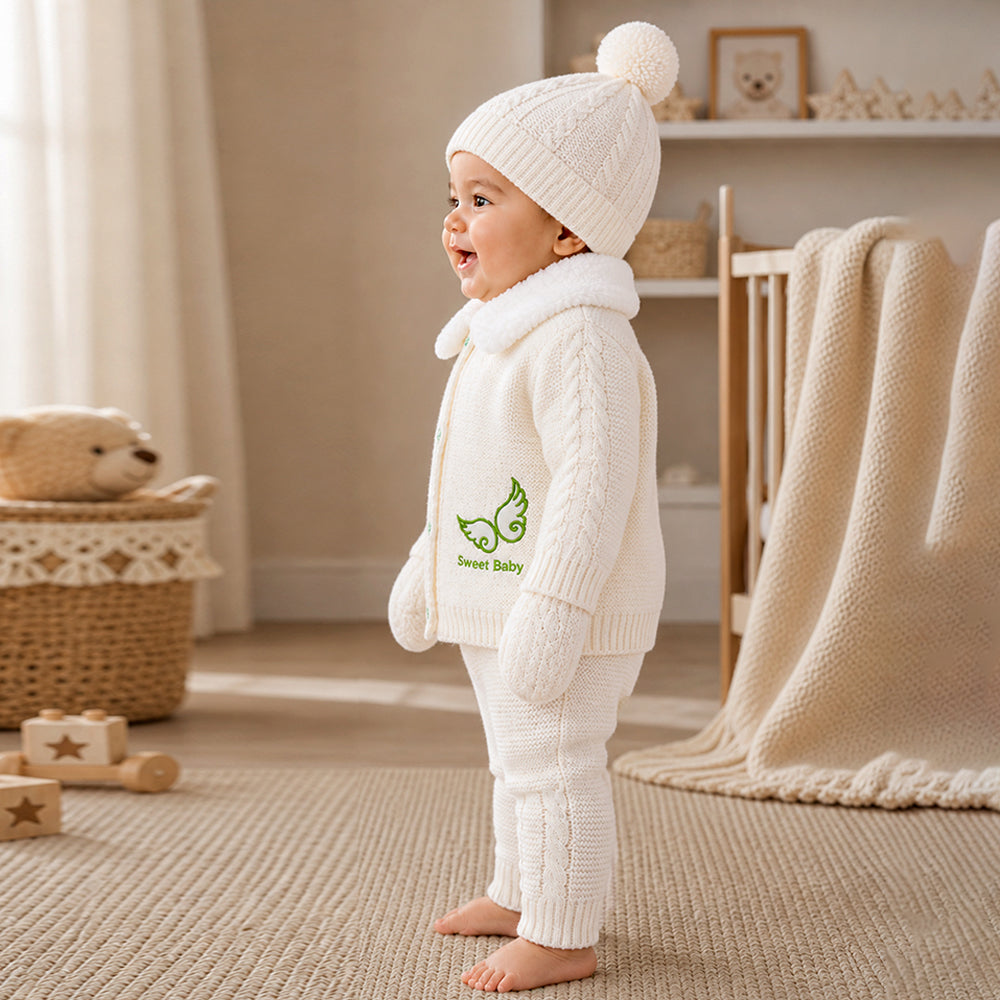 5 PCS Green Wings & Ivory Soft Collar,Premium Knitted Winter Head to bottom Clothing Set for Baby