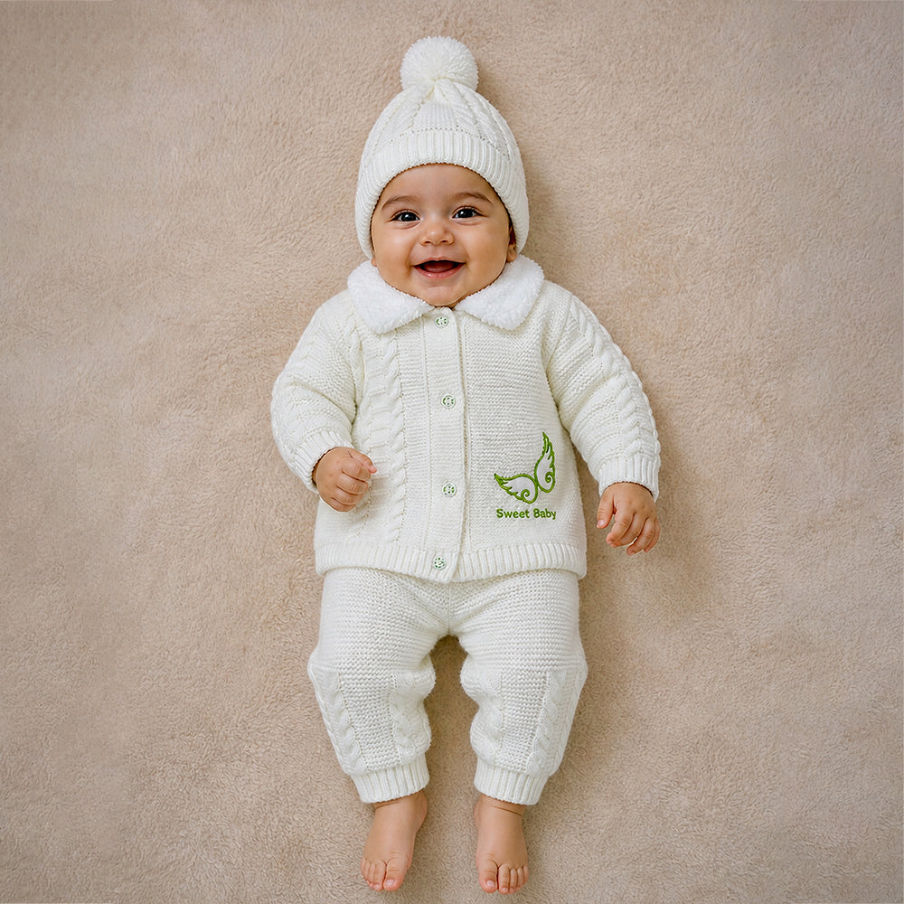 5 PCS Green Wings & Ivory Soft Collar,Premium Knitted Winter Head to bottom Clothing Set for Baby
