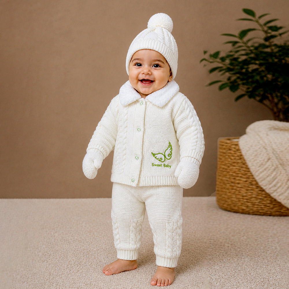 5 PCS Green Wings & Ivory Soft Collar,Premium Knitted Winter Head to bottom Clothing Set for Baby