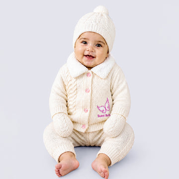 5 PCS Pink Wings & Ivory Soft Collar,Premium Knitted Winter Head to bottom Clothing Set for baby