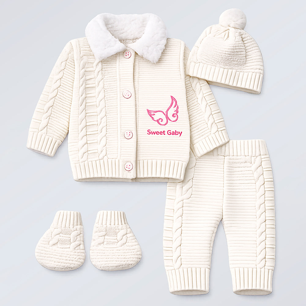 5 PCS Pink Wings & Ivory Soft Collar,Premium Knitted Winter Head to bottom Clothing Set for baby