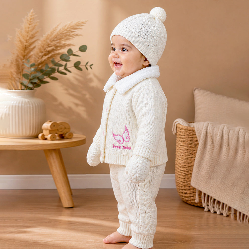 5 PCS Pink Wings & Ivory Soft Collar,Premium Knitted Winter Head to bottom Clothing Set for baby