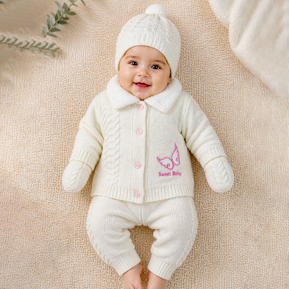 5 PCS Pink Wings & Ivory Soft Collar,Premium Knitted Winter Head to bottom Clothing Set for baby