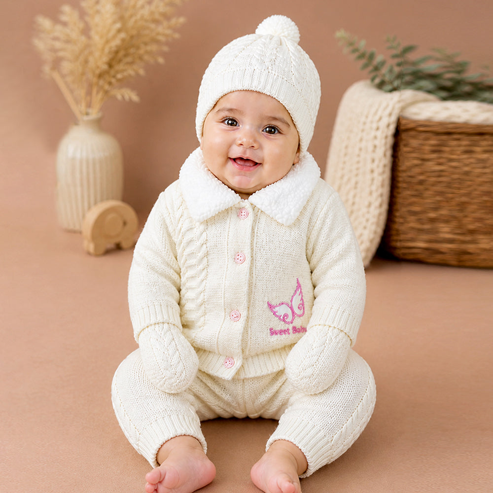 5 PCS Pink Wings & Ivory Soft Collar,Premium Knitted Winter Head to bottom Clothing Set for baby