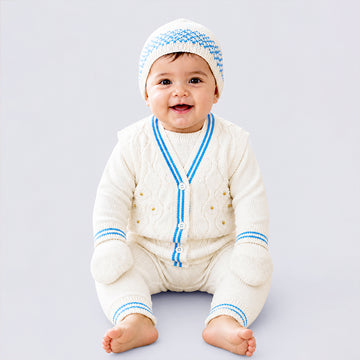 6 pcs Flower Blue & Ivory Premium Knitted Winter Head to bottom Clothing Set for Baby