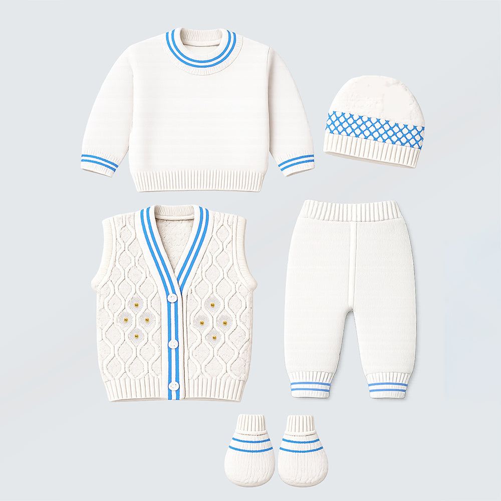 6 pcs Flower Blue & Ivory Premium Knitted Winter Head to bottom Clothing Set for Baby
