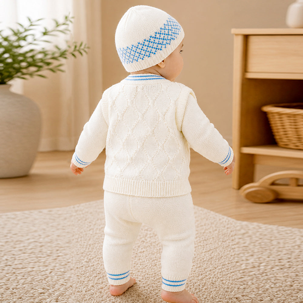 6 pcs Flower Blue & Ivory Premium Knitted Winter Head to bottom Clothing Set for Baby