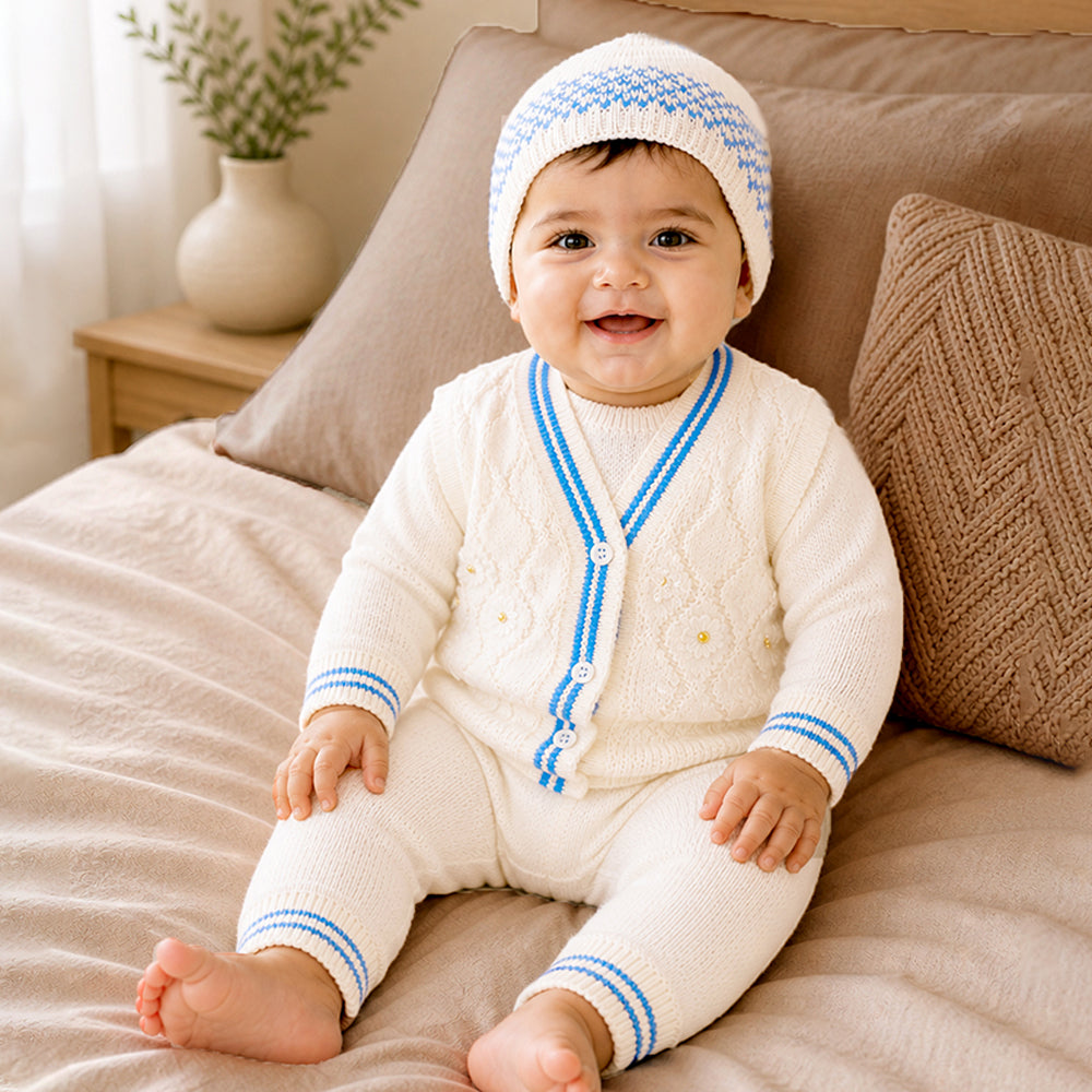 6 pcs Flower Blue & Ivory Premium Knitted Winter Head to bottom Clothing Set for Baby