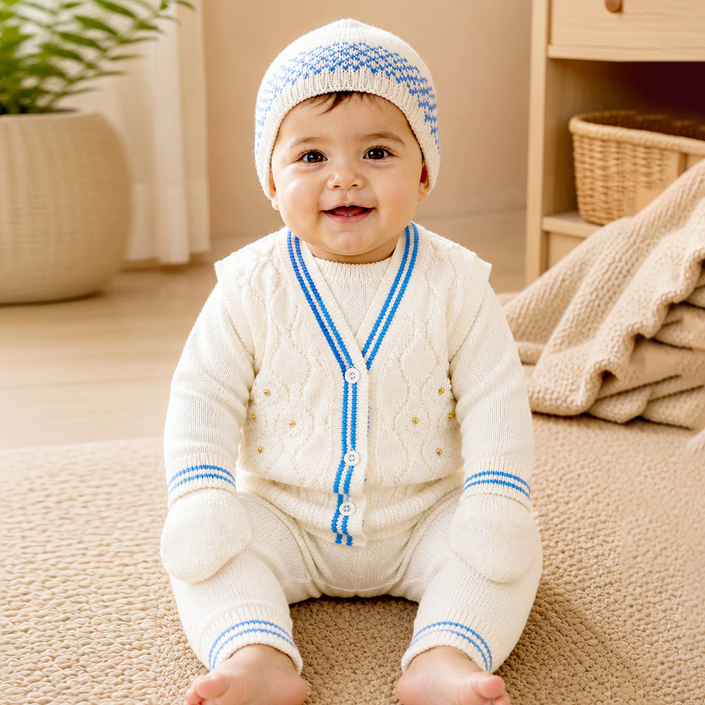6 pcs Flower Blue & Ivory Premium Knitted Winter Head to bottom Clothing Set for Baby