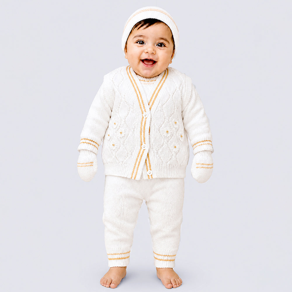 6 PCS Flower  Brown & Ivory  Premium Knitted Winter Head to bottom Clothing Set for Baby