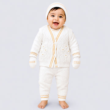 6 PCS Flower  Brown & Ivory  Premium Knitted Winter Head to bottom Clothing Set for Baby