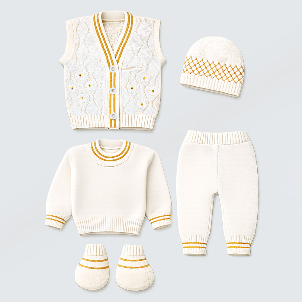 6 PCS Flower  Brown & Ivory  Premium Knitted Winter Head to bottom Clothing Set for Baby