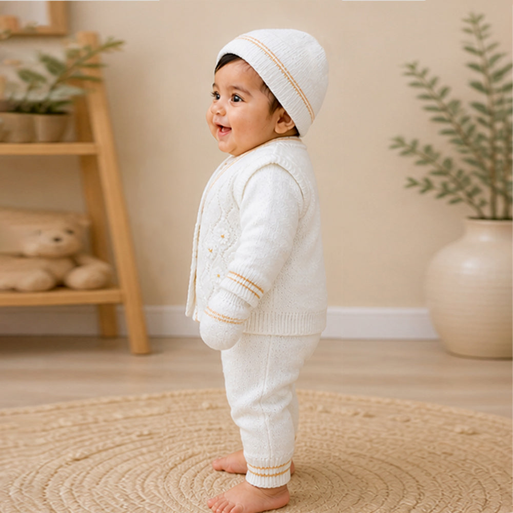6 PCS Flower  Brown & Ivory  Premium Knitted Winter Head to bottom Clothing Set for Baby