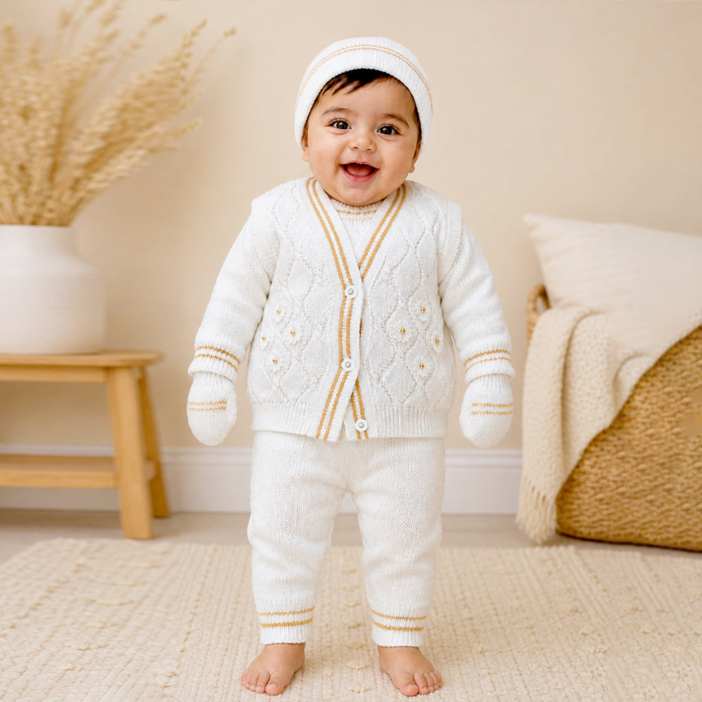 6 PCS Flower  Brown & Ivory  Premium Knitted Winter Head to bottom Clothing Set for Baby