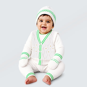 6 PCS Flower Green & Ivory  Premium Knitted Winter Head to bottom Clothing Set for Baby