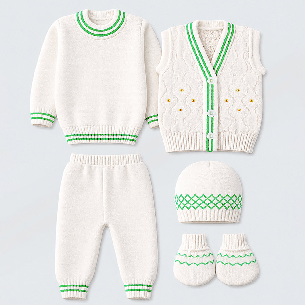 6 PCS Flower Green & Ivory  Premium Knitted Winter Head to bottom Clothing Set for Baby